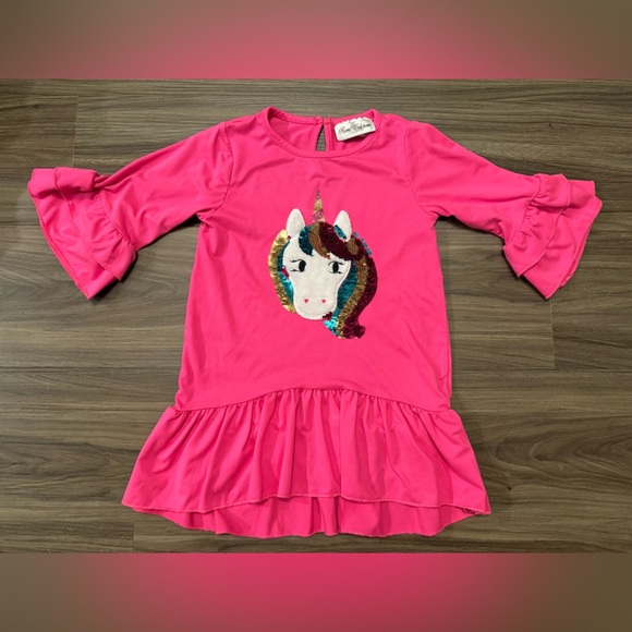 Rare Editions Girls Pink Unicorn Dress with Ruffle Sleeves size 6 - Picture 1 of 5